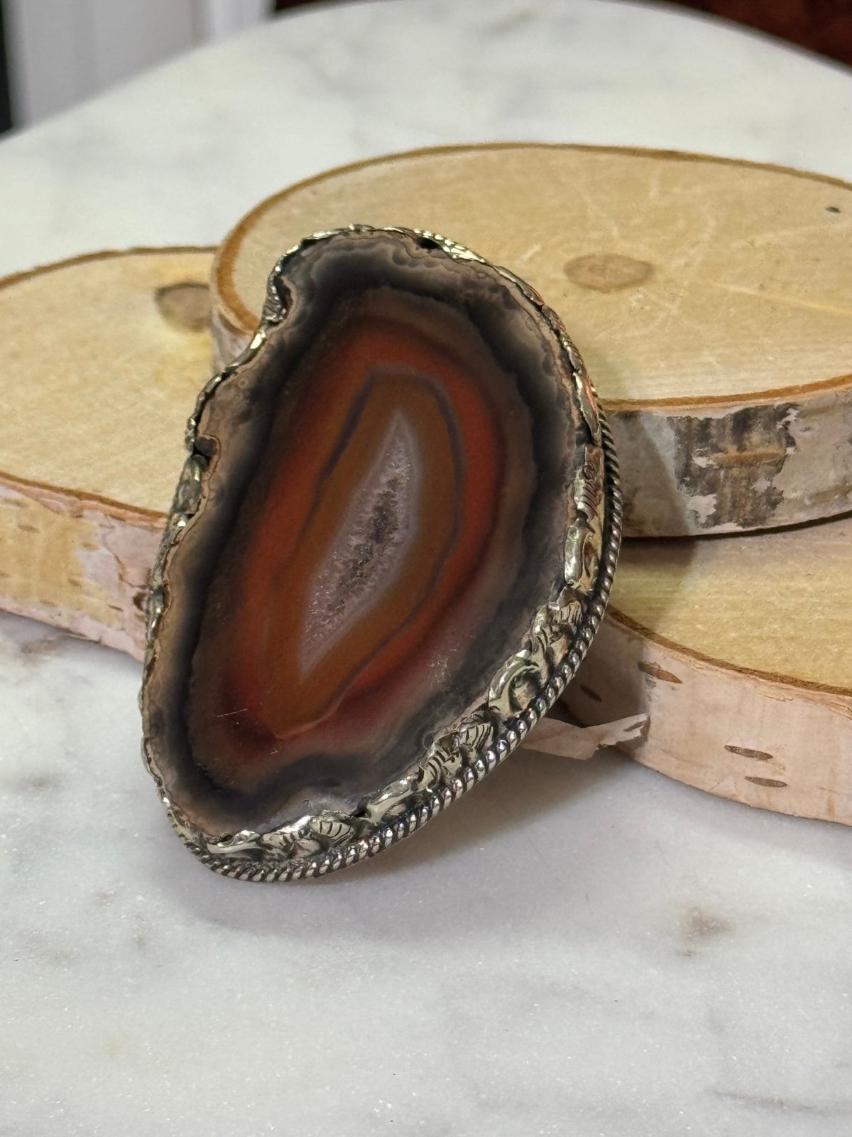 Rusty earth tones agate slice ring set in adjustable Tibetan silver.