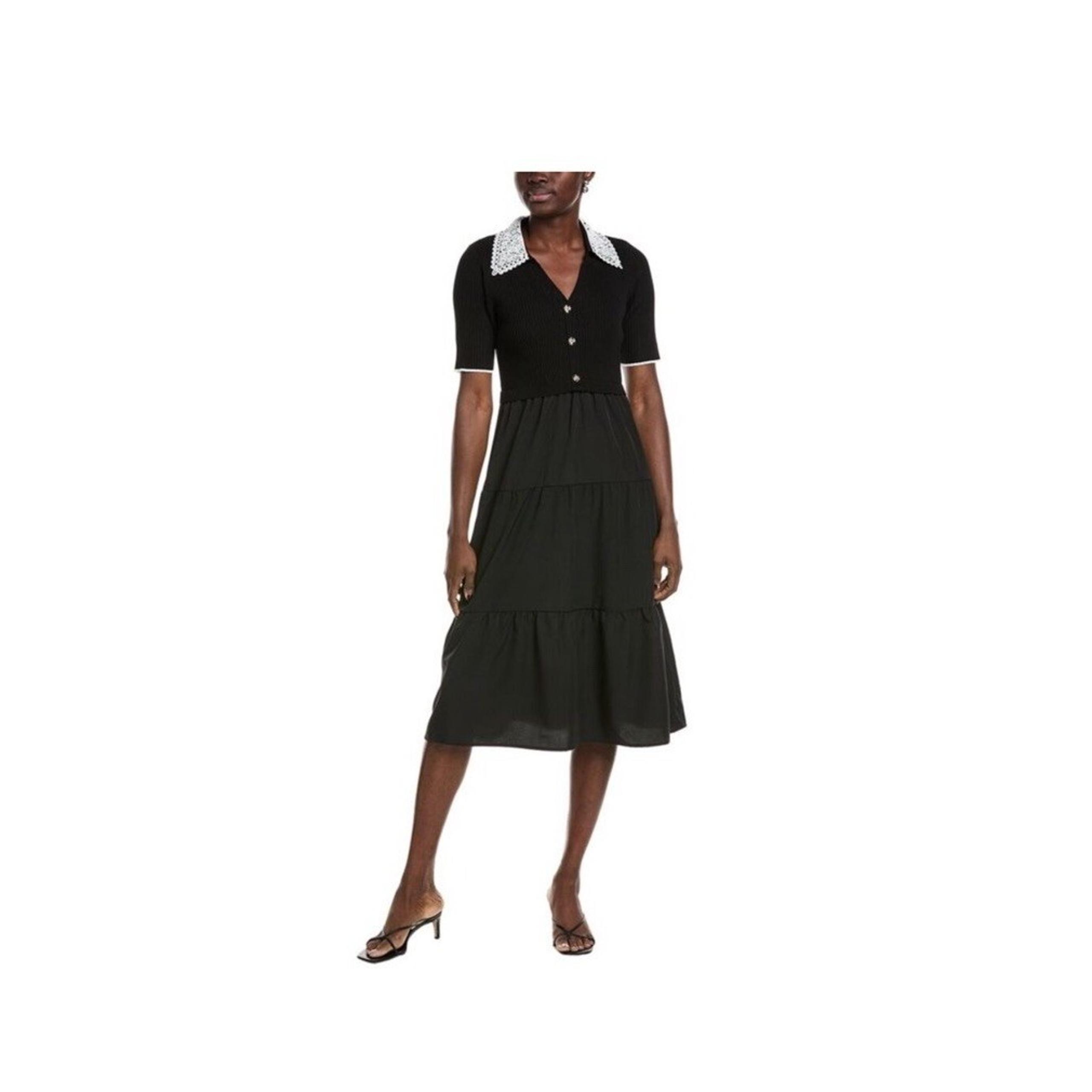 NEW NANETTE LEPORE Women's L Lace Collar Tiered Midi Dress Black Knit Top $158