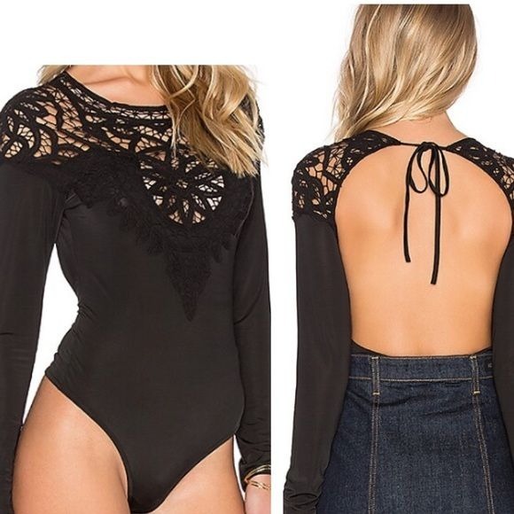 FOR LOVE & LEMONS PENELOPE OPEN BACK BLACK CROCHET BODYSUIT NWT SIZE S