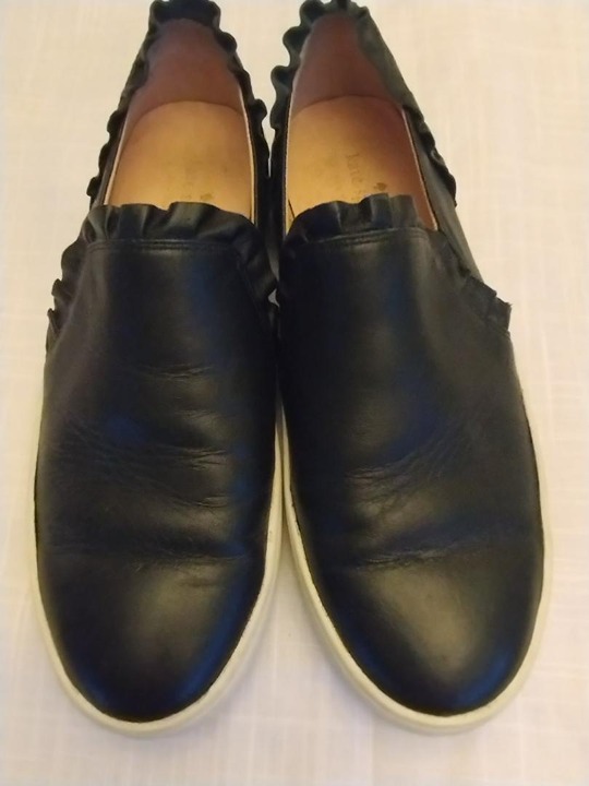 Kate Spade Lilly Black Leather Ruffle Slip On Sneakers Sz 8.5