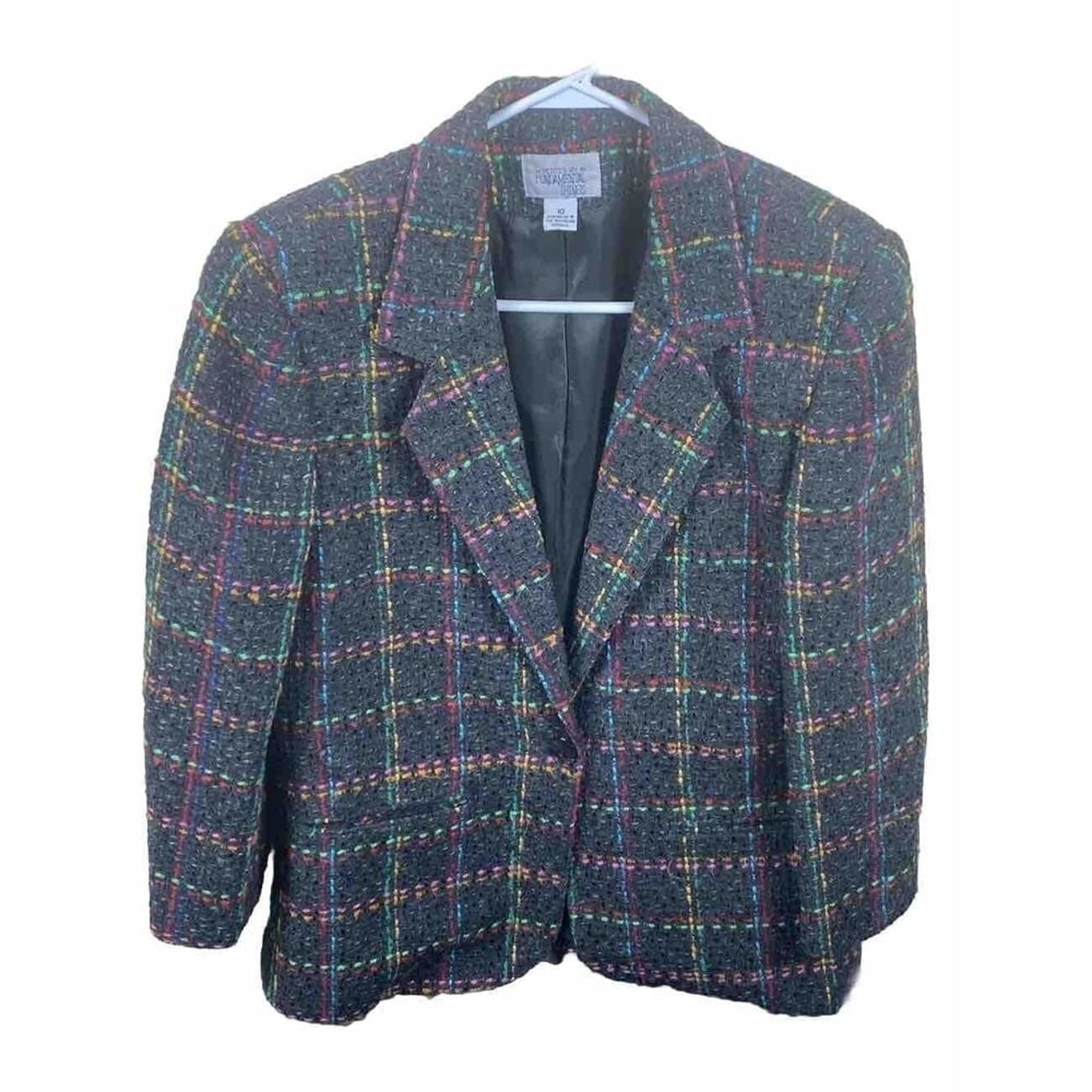 Vtg Fundamental Things Blazer Womens Size 10 Black Wool Blend Tweed Jacket Coat