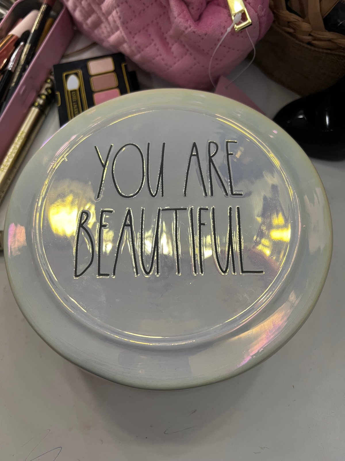 Rae dunn iridescent YOUR ARE BEAUTIFUL ceramic jewelry round box