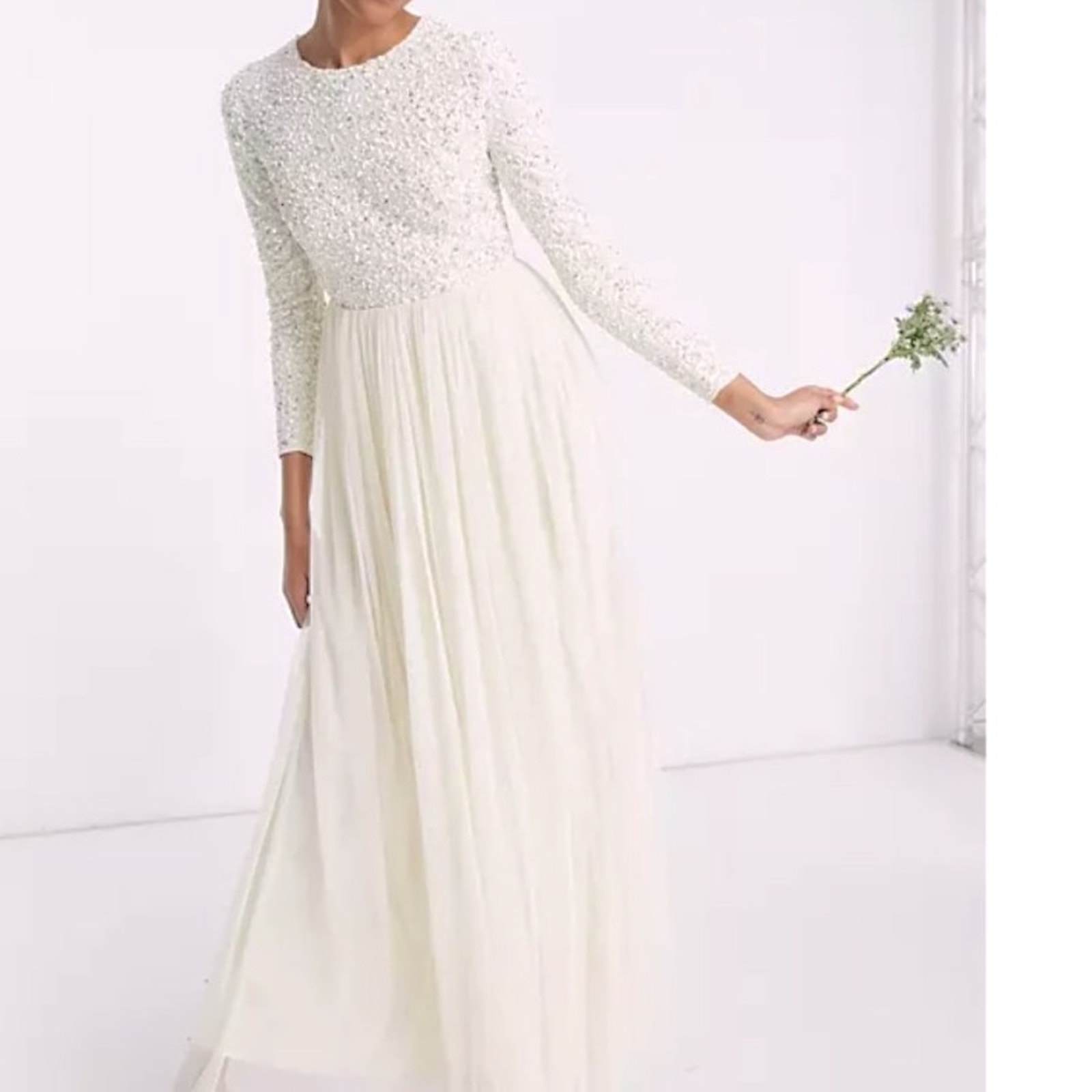 NWT Maya Deluxe cream off white long sleeve sequin bodice tulle skirt maxi dress
