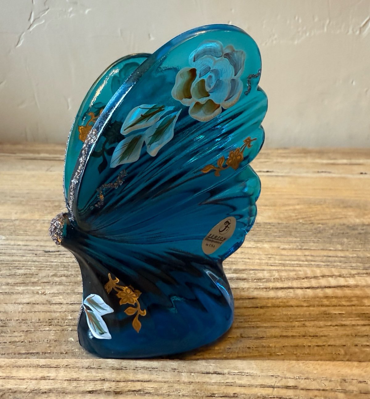 Fenton Art Glass Blue Floral Butterfly Figurine Hand Painted Artist Signed