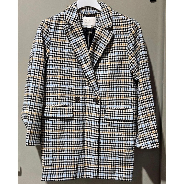 A New Day Size XS Black Blue Gold Houndstooth Wool Blend Blazer Jacket Overcoat