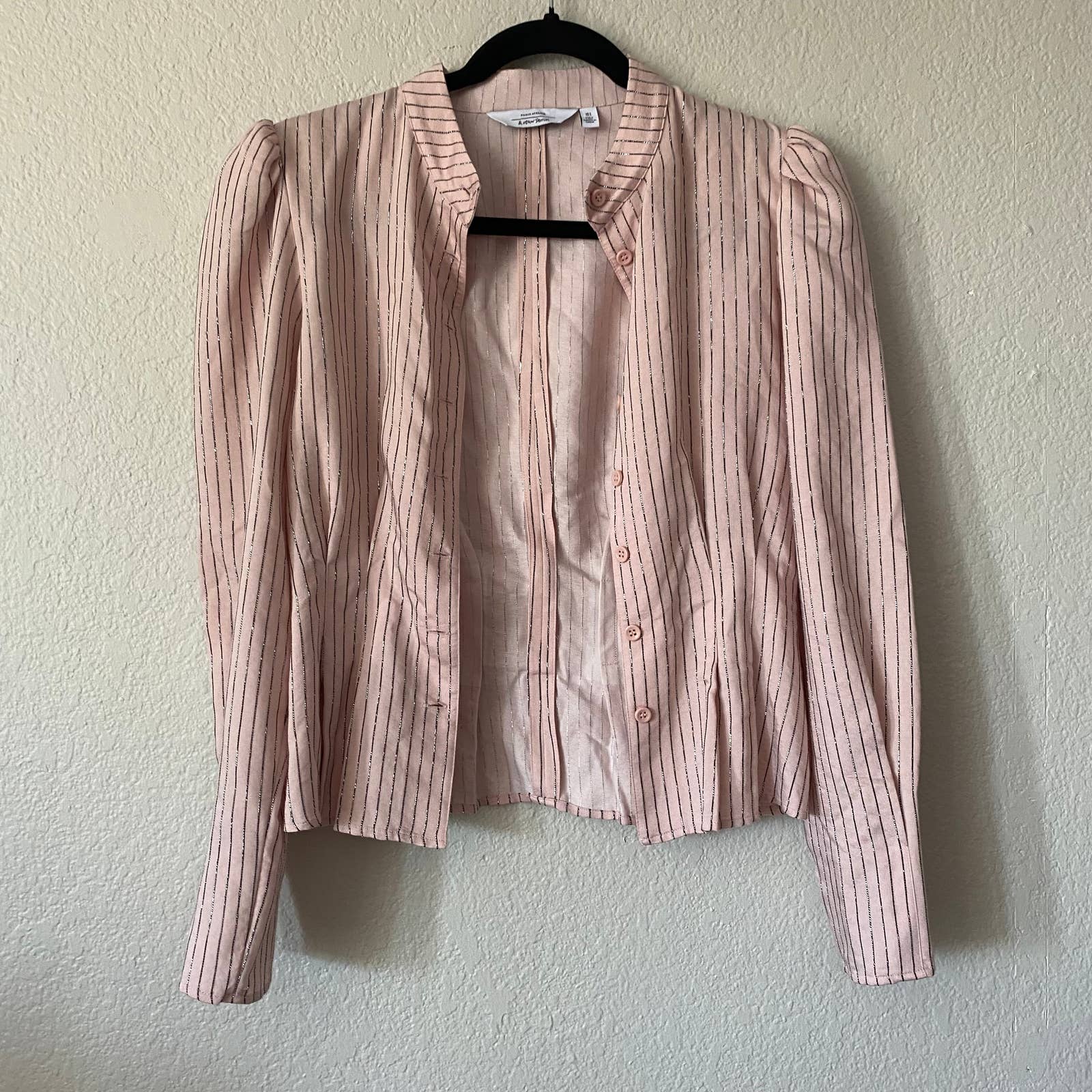 Paris Atelier & other stories Cropped Metallic Stripe Long Sleeve Blouse Pink 0