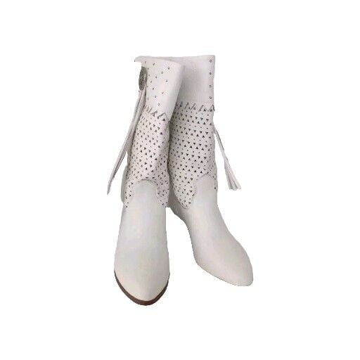 White Western Boots Studded Detail Faux Leather Cowgirl Booties Size?