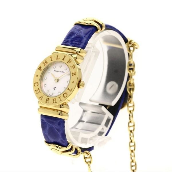 PHILIPPE CHARRIOL 18K GOLD STAINLESS STEEL BLUE LEATHER SAINT TROPEZ WATCH NWT
