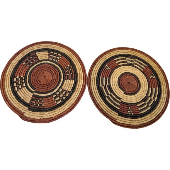 2 African Woven Coil Flat Basket Hot Plate Pad Table/Wall Decor Art