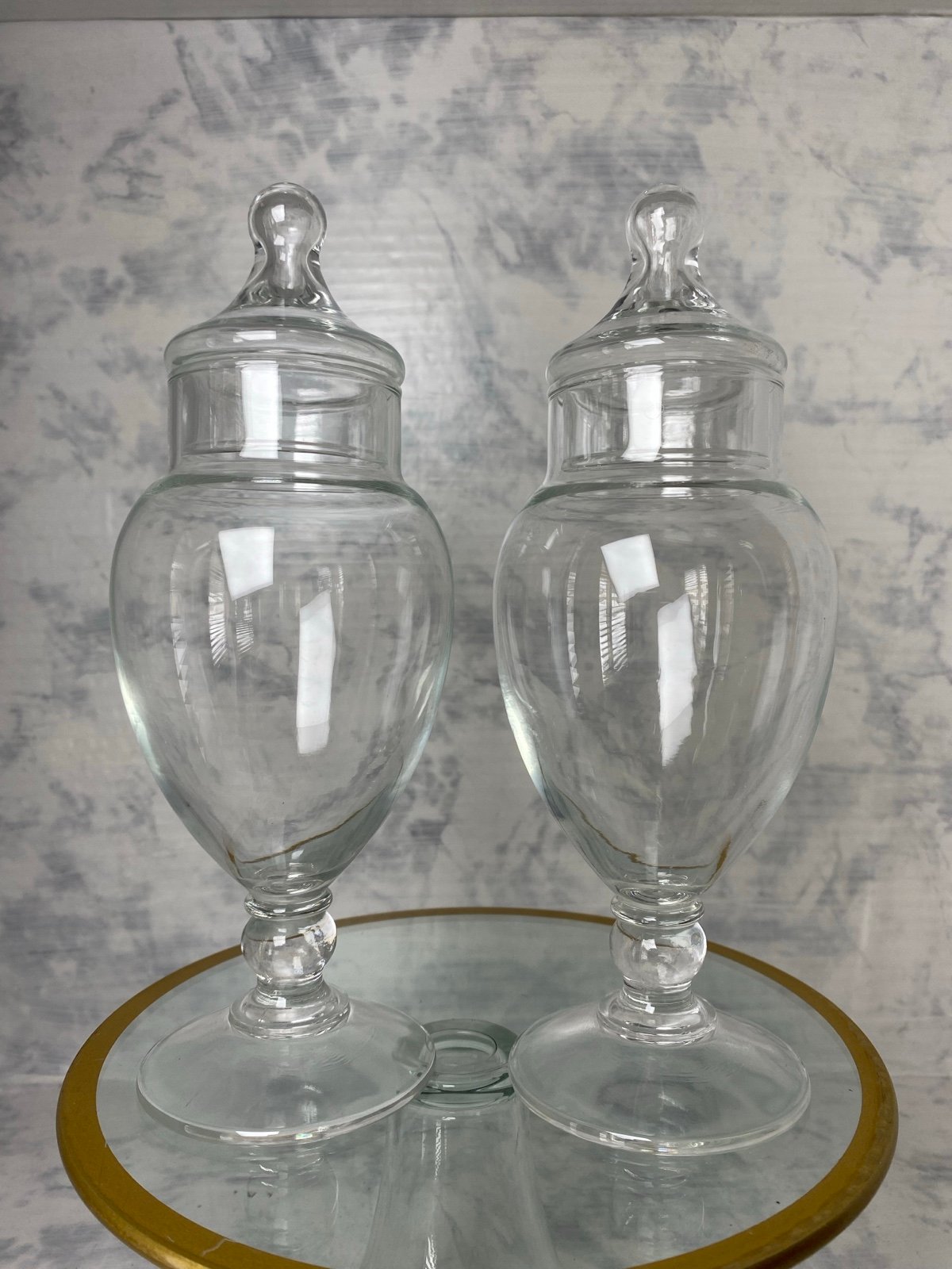 Pair Antique Glass Footed Pedestal Apothecary Jars