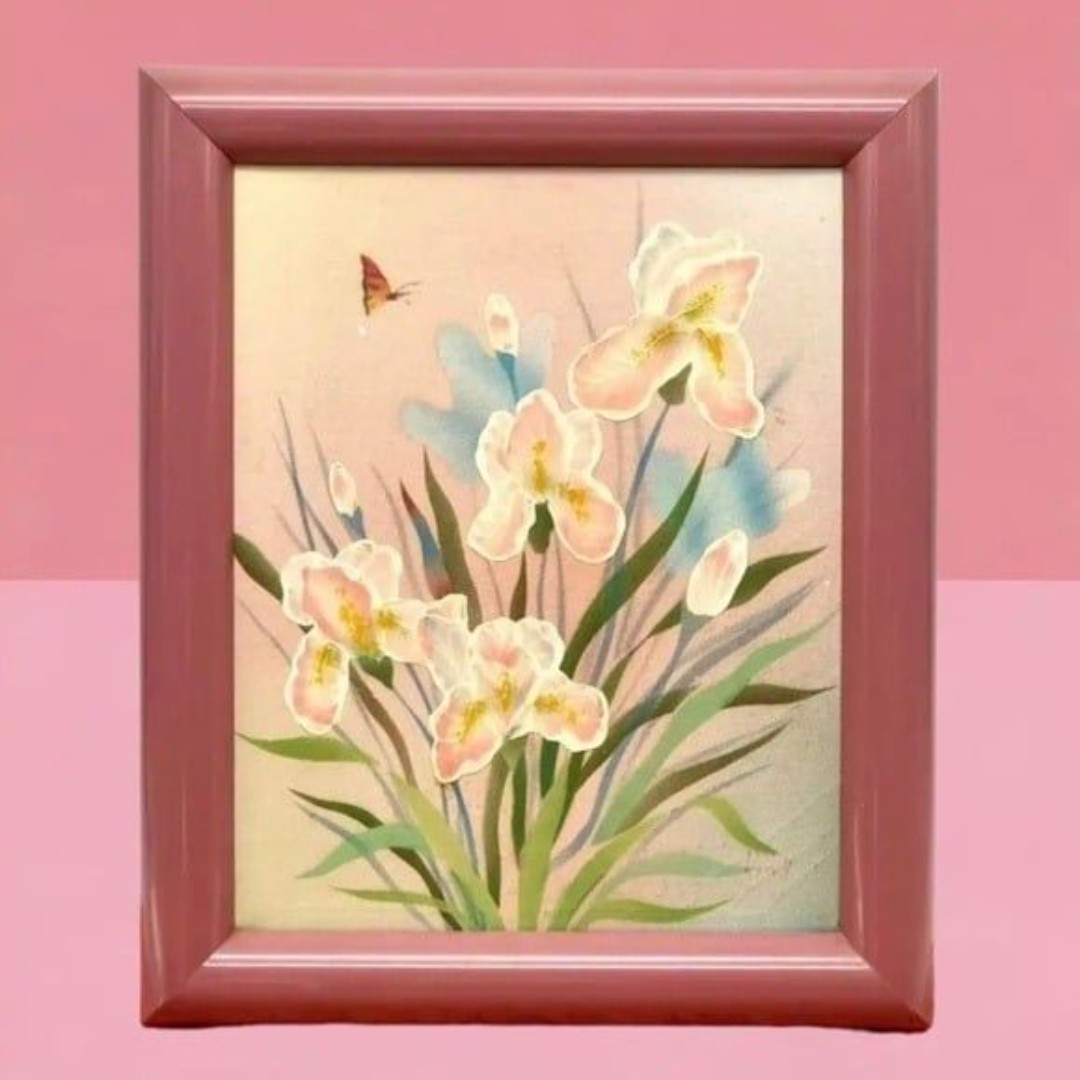 Retro Oil Painting Flowers Pastel Irises 1990s Pink Laminate Frame Cottagecore