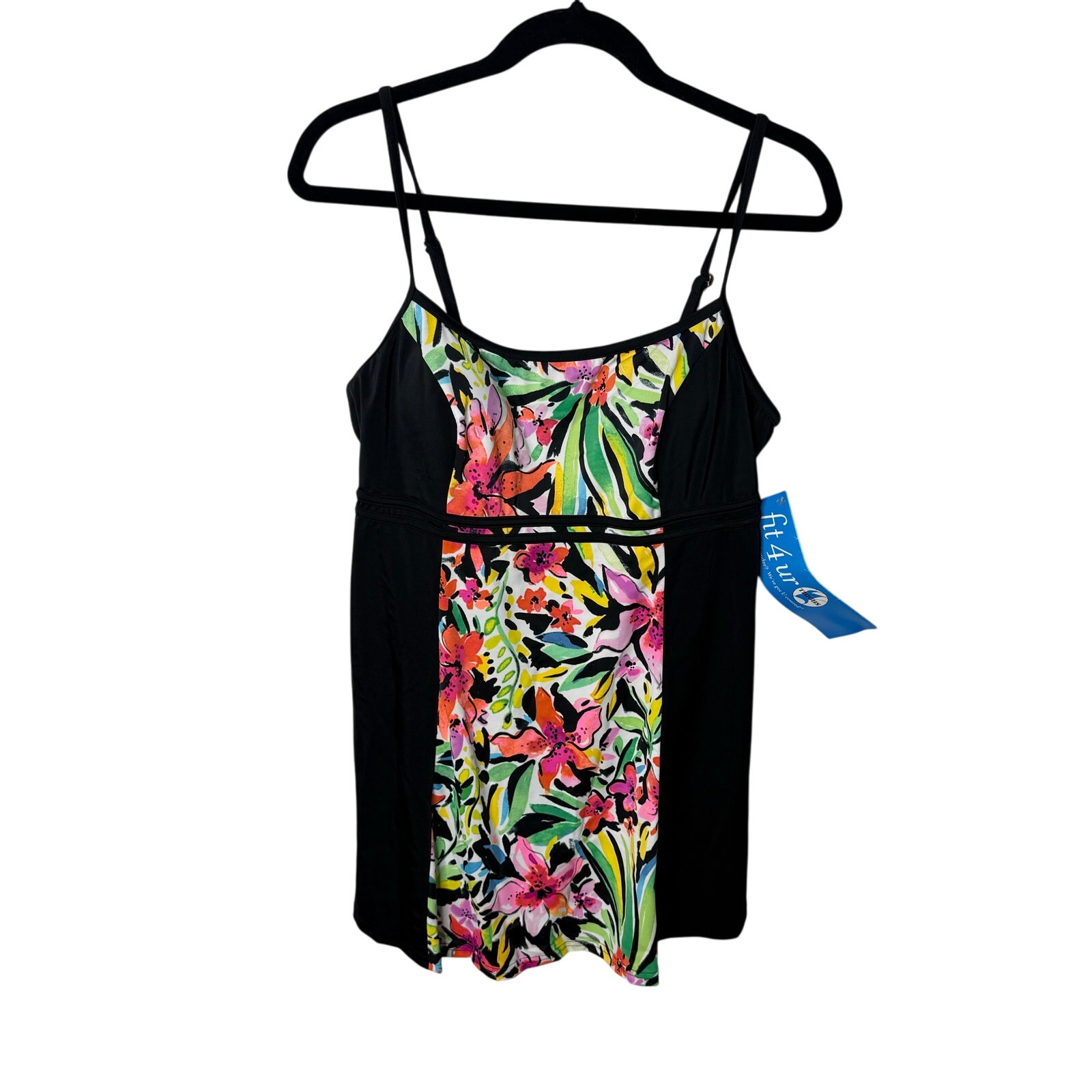 Fit for You Fit 4 U One Piece Swim Dress Women 16 Black Multi Floral Swimsuit