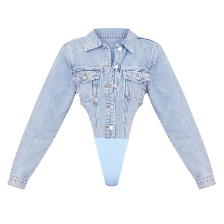Prettylittlething Light Blue Pocket Front Denim Jacket Bodysuit Size 6 NWT!