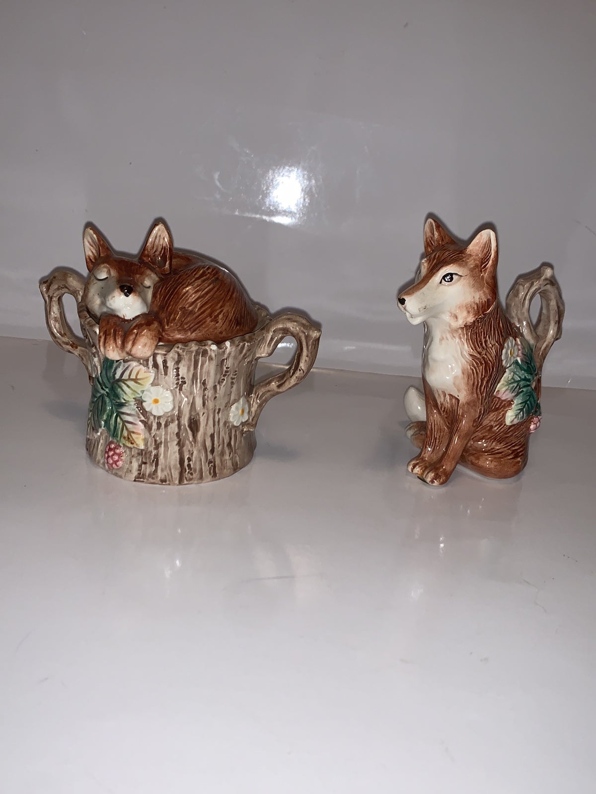 Vintage Fitz and Floyd Reynard “ Fox on a Stump” Sugar Bowl w/Lid and Creamer