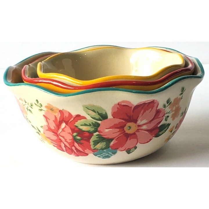 PIONEER WOMAN Set of 3 Measuring Bowls cups 1/3C 1/2C 1C Floral Stoneware