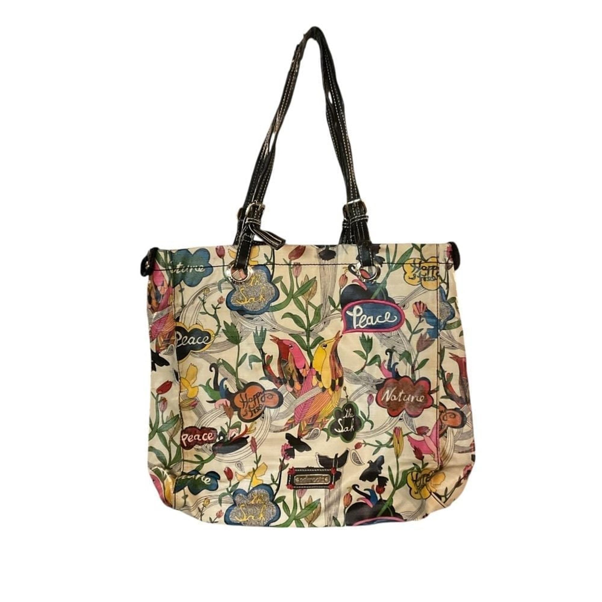 Sakroots Artist Circle Floral Peace Bird Pattern Tote Bag with Black Straps