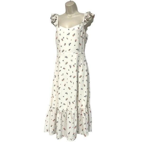 And Now This Women's Ruffled Side Front Slit Midi Dress, White Cherry Ditsy, S