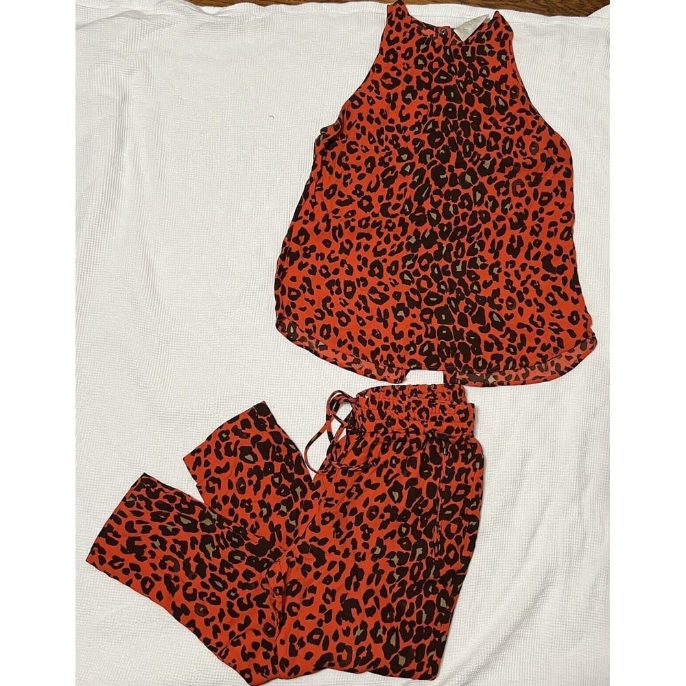 A.L.C. Red Leopard Tank Pant Set L 100% Silk animal print As Seen On Tv