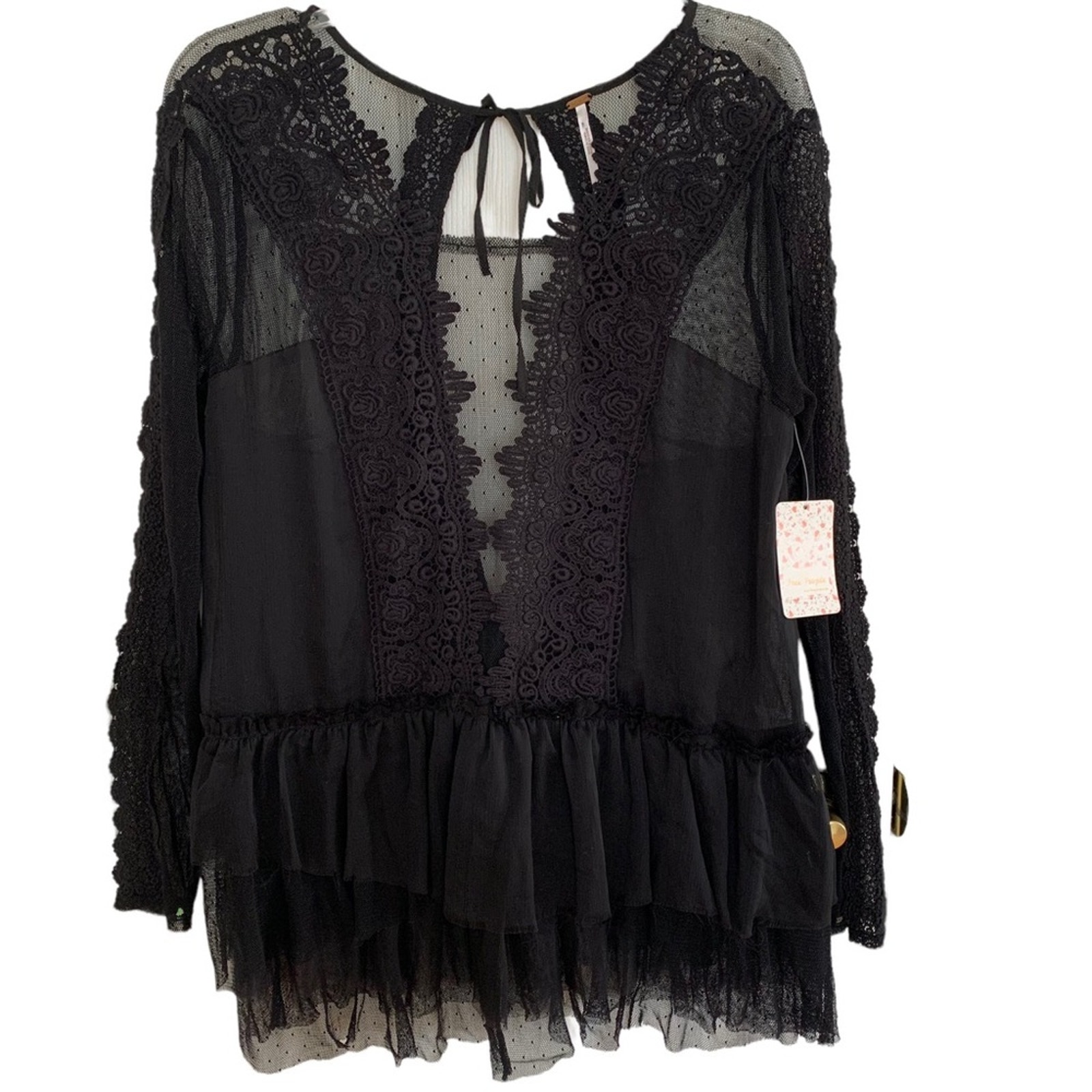 Free People Black Midnight Memories Sheer Tunic Top NWT Large