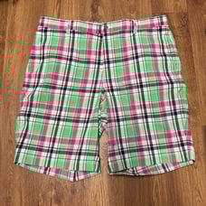 Footjoy FJ Mens Colorful Plaid Flat Front Golf Shorts Pink Green Size 38