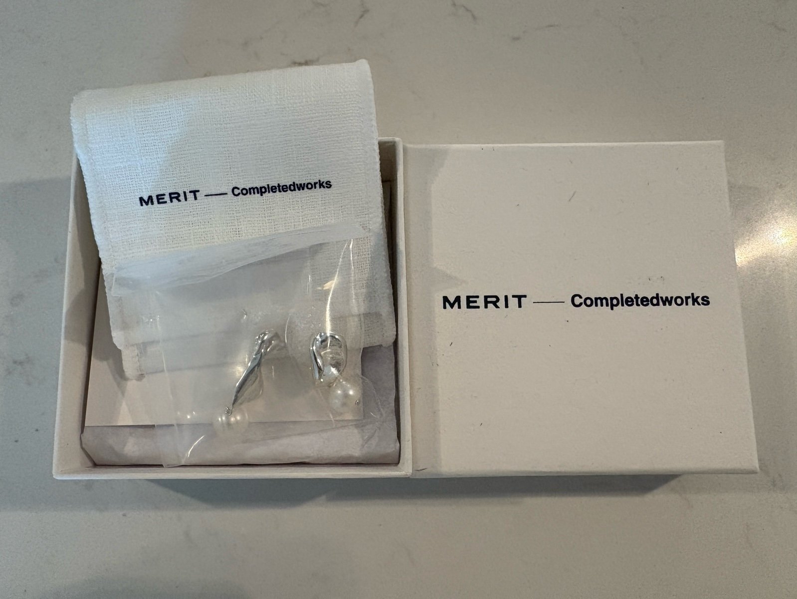 MERIT x Completedworks Organic Silver Pearl Drop Earrings NIB