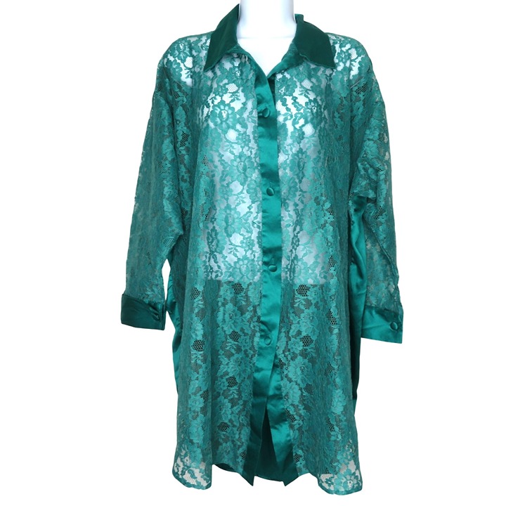 Vintage Victorias Secret Gold Label Lace Satin Teal Nightshirt Button-Up P/S