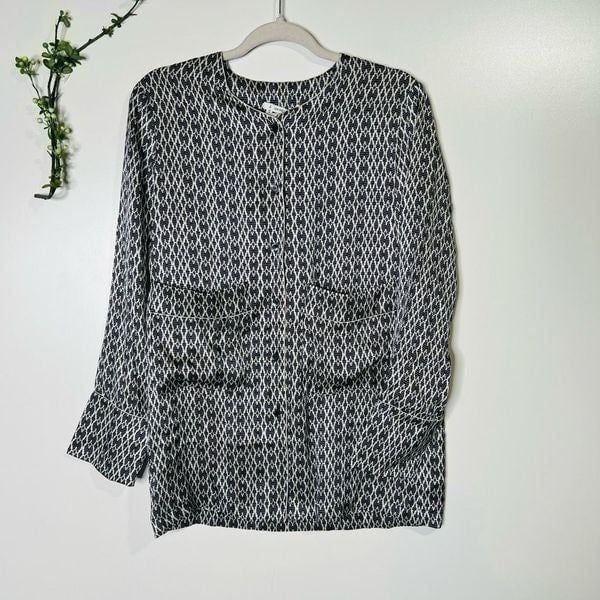 Derek Lam 10 Crosby Black White Silk Button Long-sleeve Top Pockets NWT