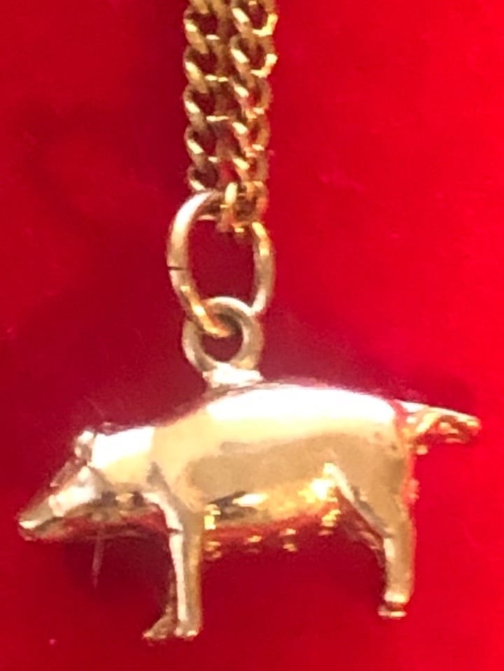 This is really rare it is a pig ! Pig pendant with chain 14ktgf set