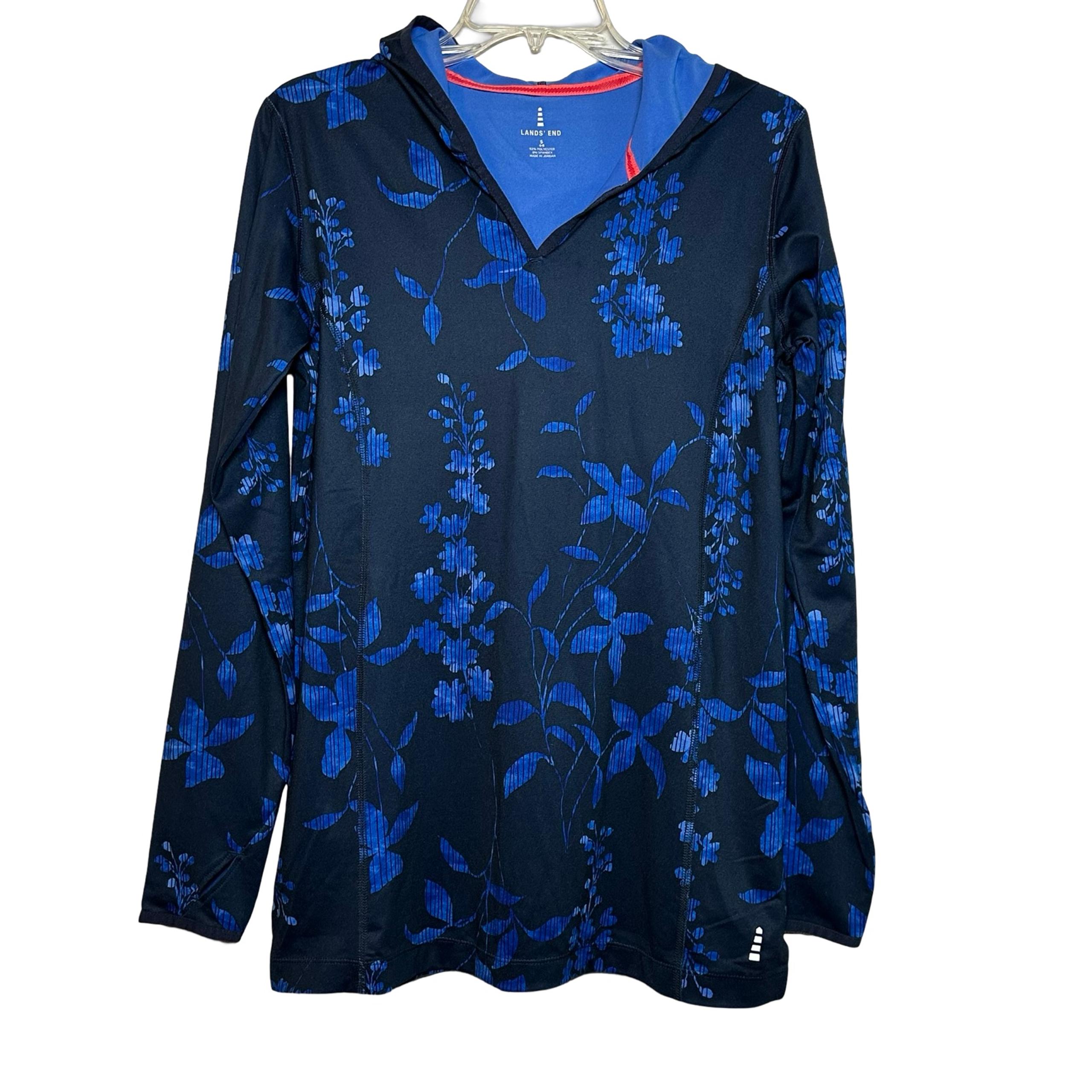 Lands End Blue Tonal Floral Athletic Long Sleeve Hoodie Pullover Size Small