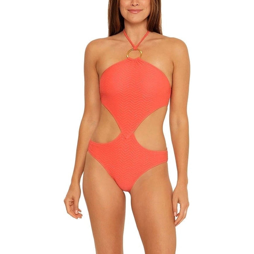 Trina Turk Women's Empire High Neck One Piece Swimsuit Papaya Size 12