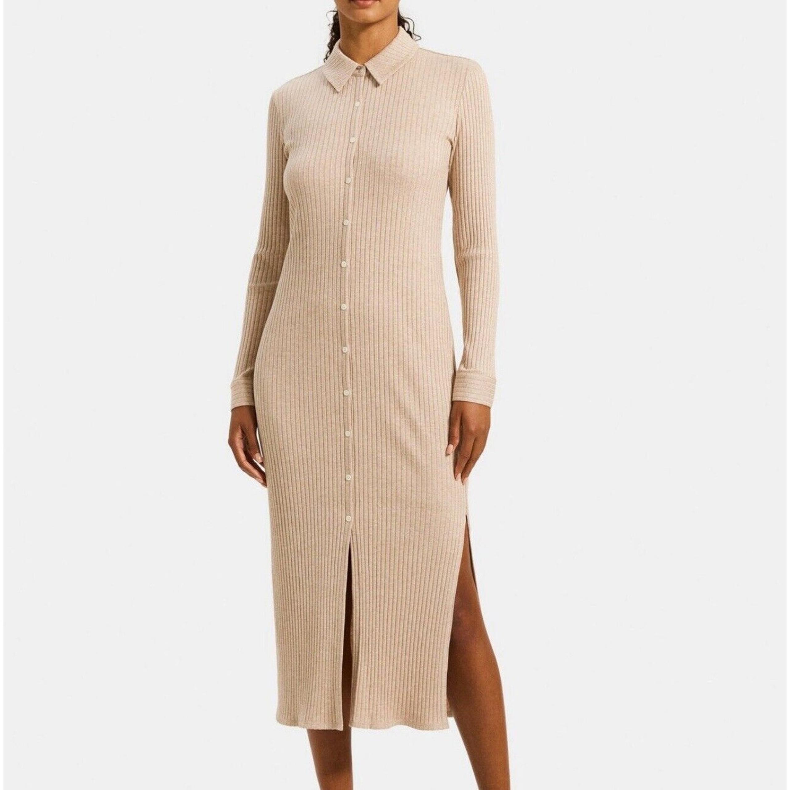 Theory Beige Ribbed Modal Cotton Long Sleeve Button Down Maxi Dress M GUC