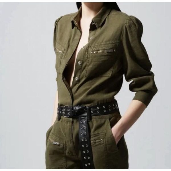 The Kooples Jumpsuit Green Khaki Linen Belt Size M
