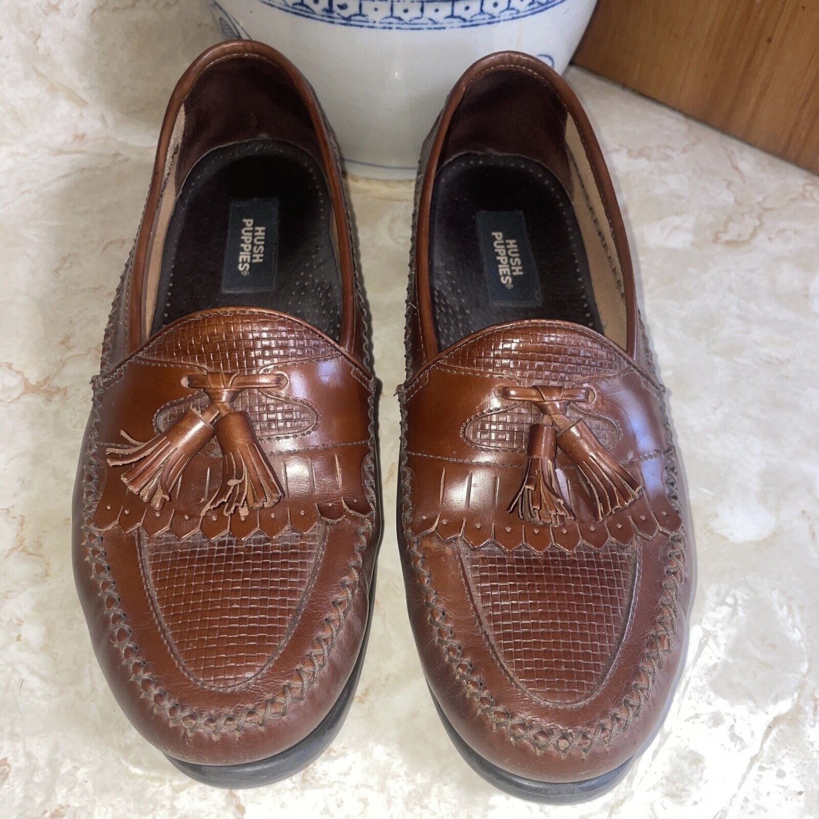 Hush Puppies Mens 10W San Remo Leather Loafers Shoes w/ Tassel Weave Brown