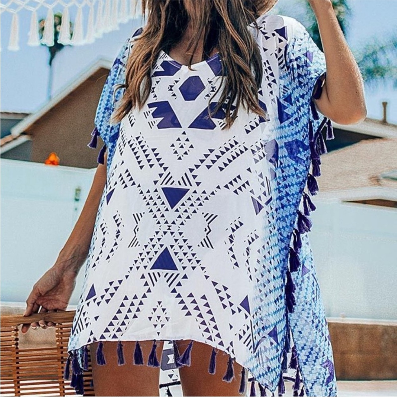 Cupshe NEW Blue White Geometric Print Boho Trim Swimsuit Bathing Suit Cover Up