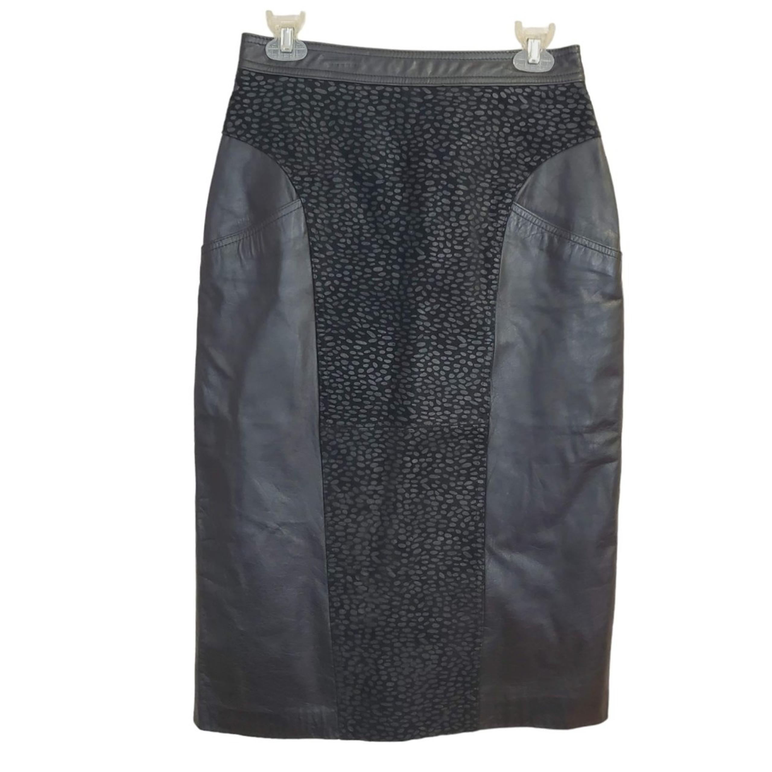 Vintage Bermans Black leather Midi skirt Pockets Size 12 waist 28" animal print