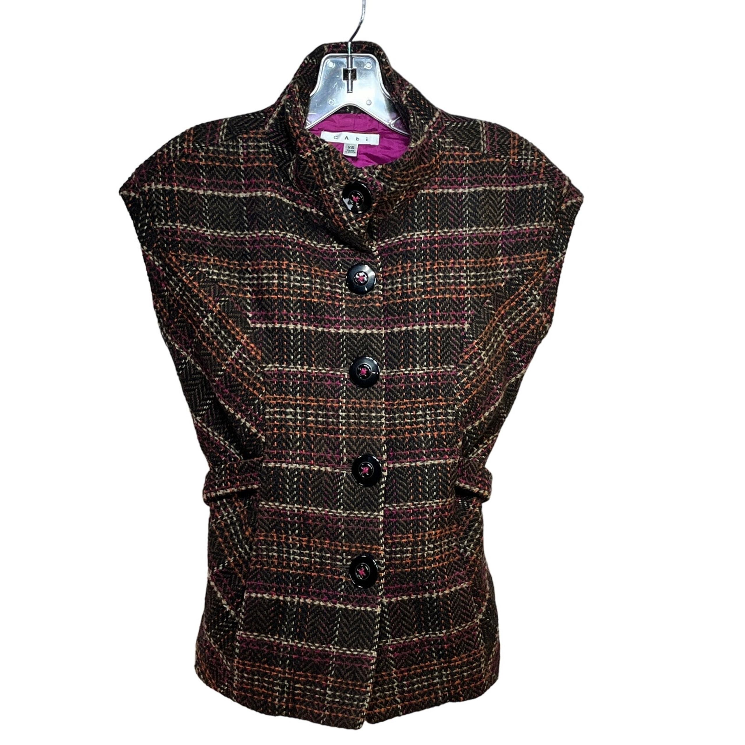 CAbi 691 Cinch It Up Brown Plaid Wool Blend Belted Vest Lined Womens Extra Small