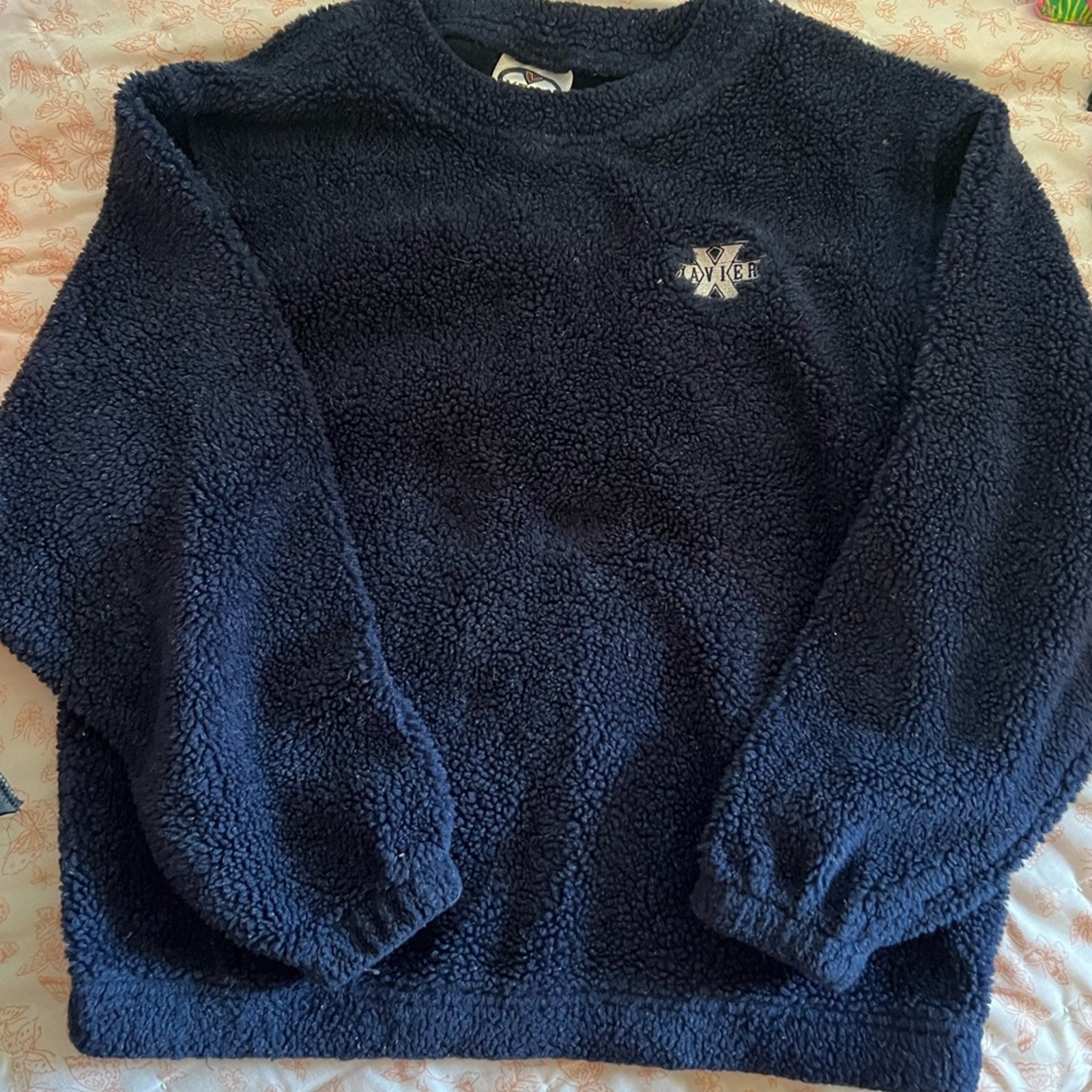 Xavier University fleece pullover, fuzzy crewneck, Vintage Musketeers sz L