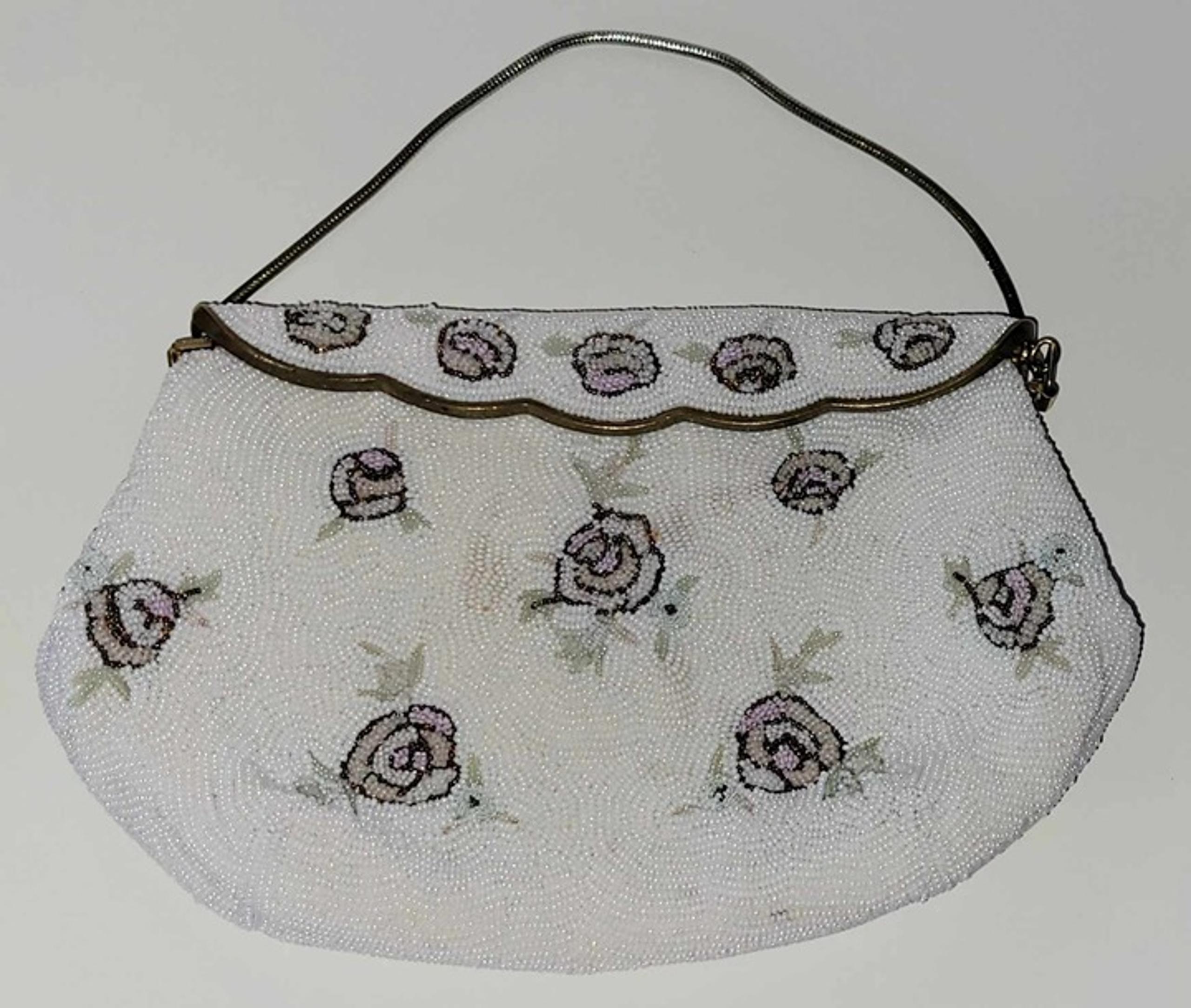 Vintage Floral Embroidered and Beaded Clutch Frame Evening Bag