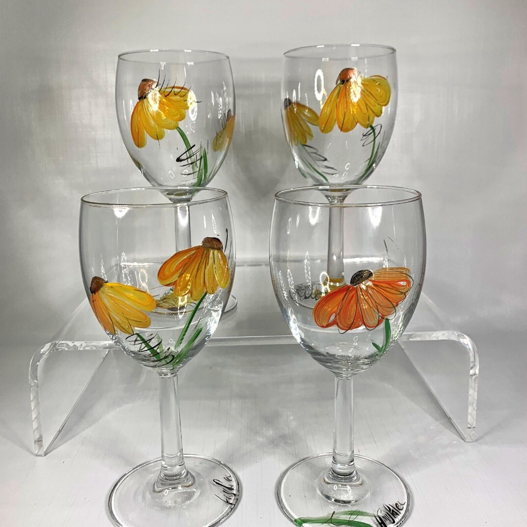Artist Signed Sunflower Wine Glasses Hand Painted Beverage Goblets Cottage Core