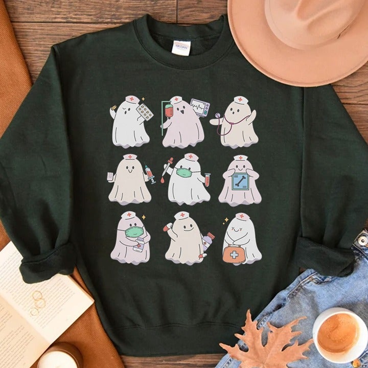 Cute Ghost Nurse Sweatshirt Boo Boo Crew Crewneck Halloween Nurse Hoodie Hallowe