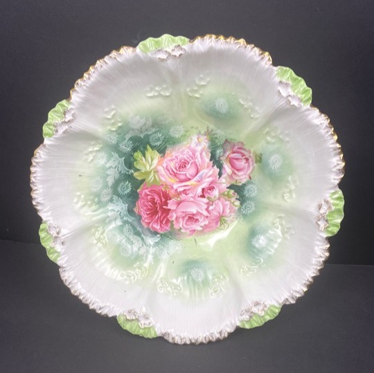 ANTIQUE RS PRUSSIA 1900 Serving Bowl Ribbed Mold With Roses on Green 9in*2.5 in