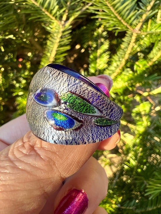 VINTAGE HUGE MURANO GLASS VIBRANT SILVER COBALT BLUE GREEN WIDE RING STATEMENT