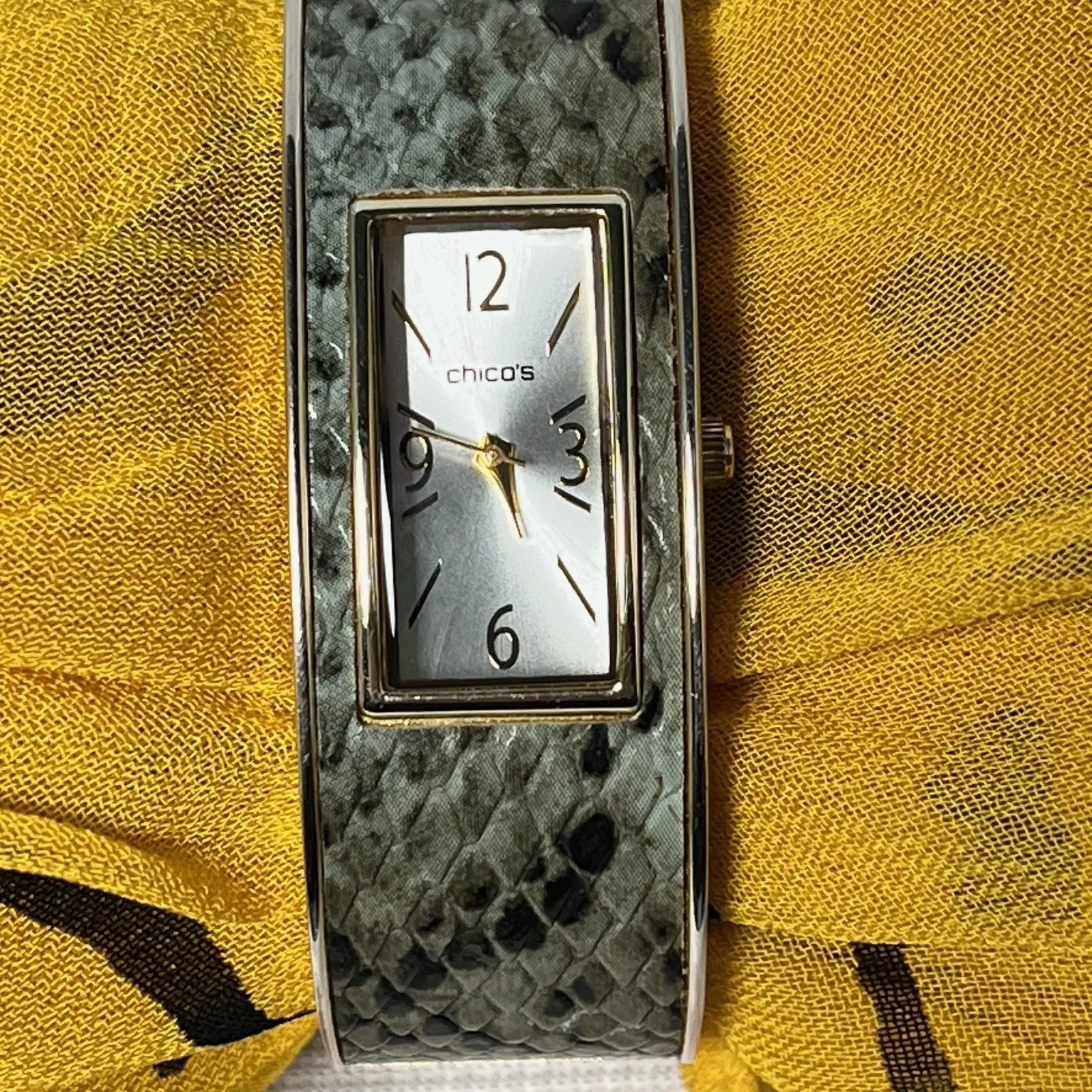 Chico's Snakeskin Cuff Watch Silver Gold Tone Rectangle Face Elegant