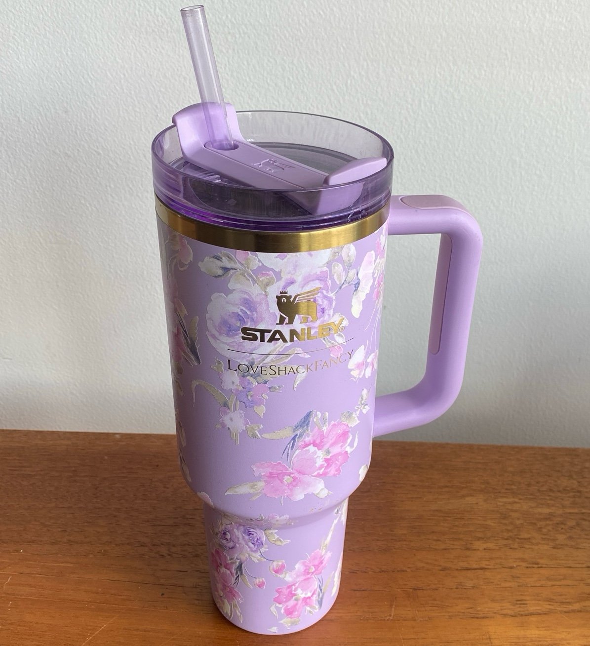 stanley love shack fancy 40 Oz tumbler floral lilac gold rim cup mug straw