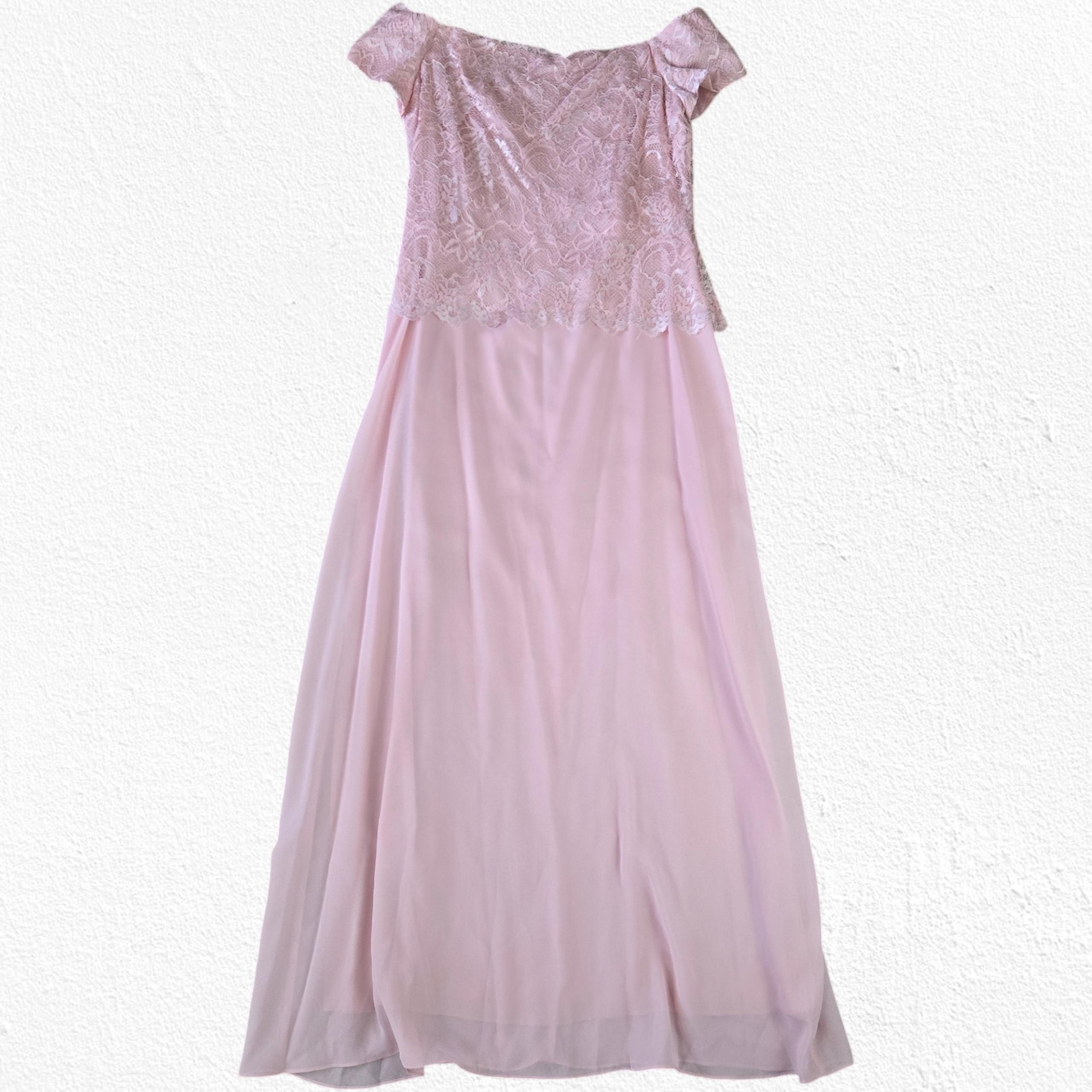 Y2K Chadwicks Powder Pink Off the Shoulder Lace Prom Formal Maxi Dress Size 8