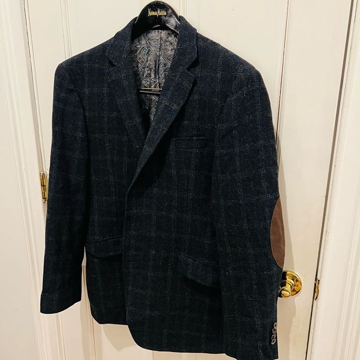 Joseph Abboud Mens Wool Plaid Sport Coat 42 R and Vest Slim Fit Leather Elbow
