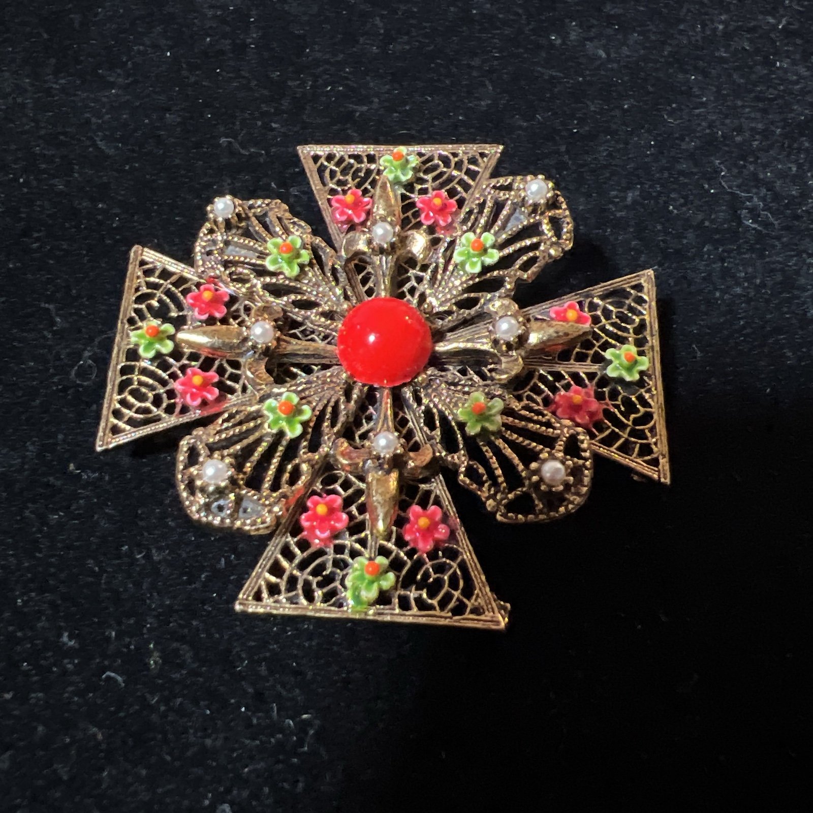 ART Arthur Pepper Enameled Maltese Cross Brooch Signed Vintage Jewelry