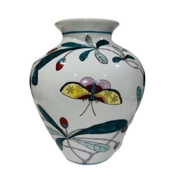 Vintage Large Chinoiserie Porcelain Botanic Garden Floral Plum Butterflies Vase