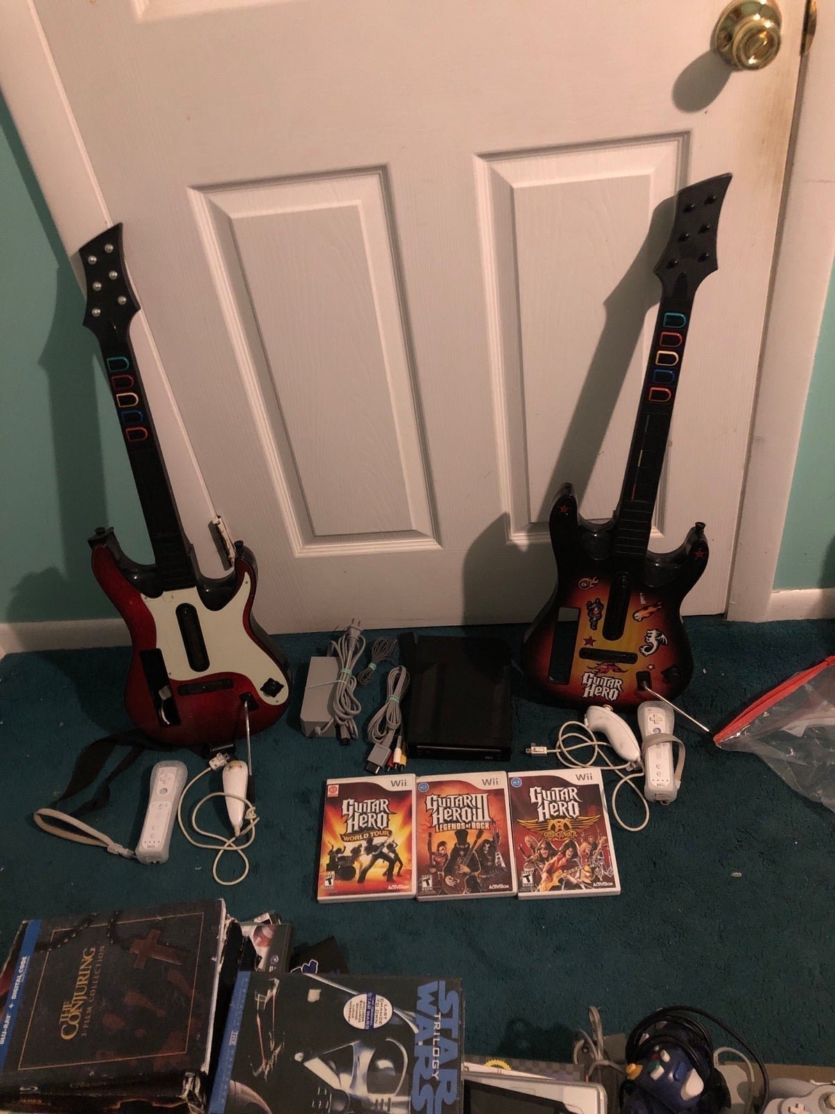 Wii Console Bundle Guitar Hero Games + Controllers + Guitar + Cords + Tested!!.