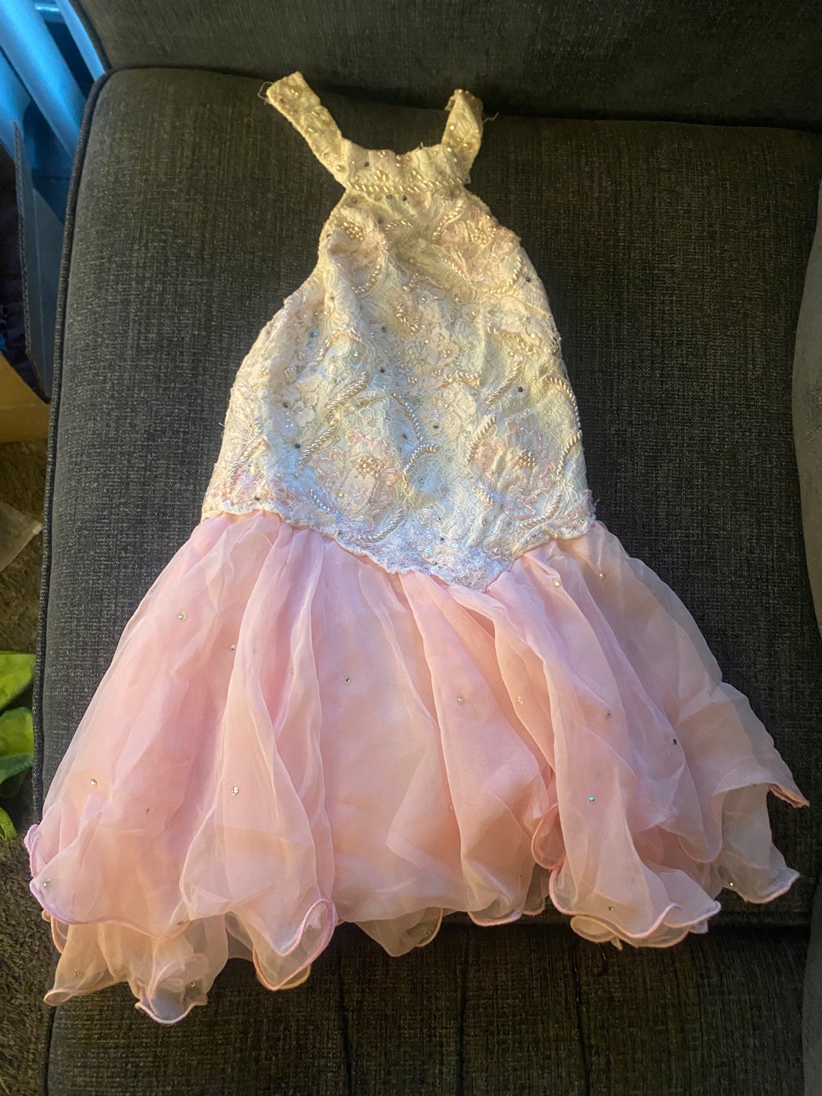 Laced/ appliqué baby pink lyrical halter dance costume dress